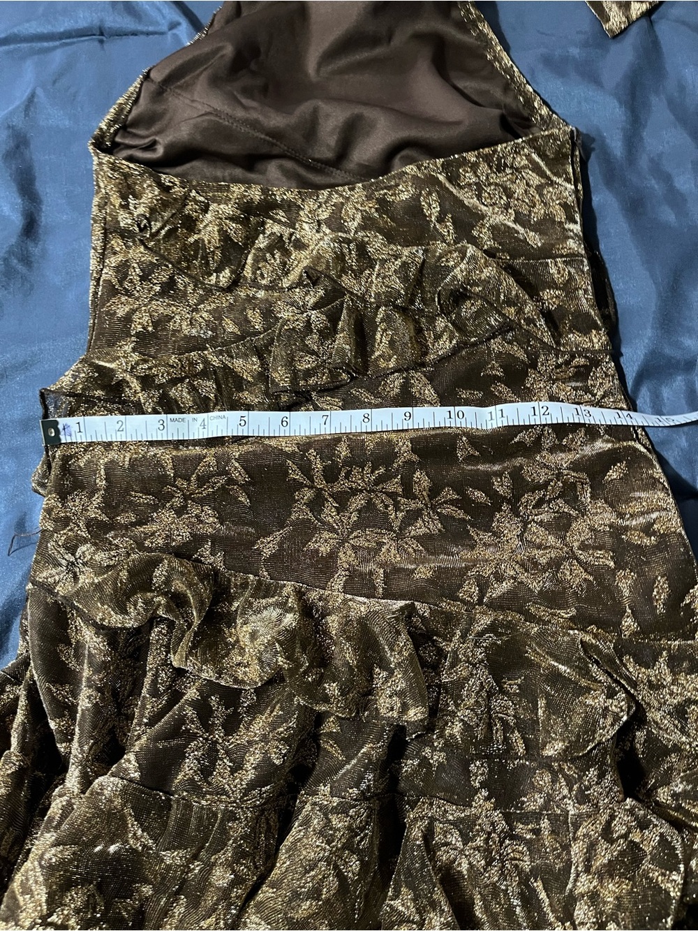 PrettyLittleThing Gold Floral Halter Ruffle Mini Dress - Picture 4 of 7